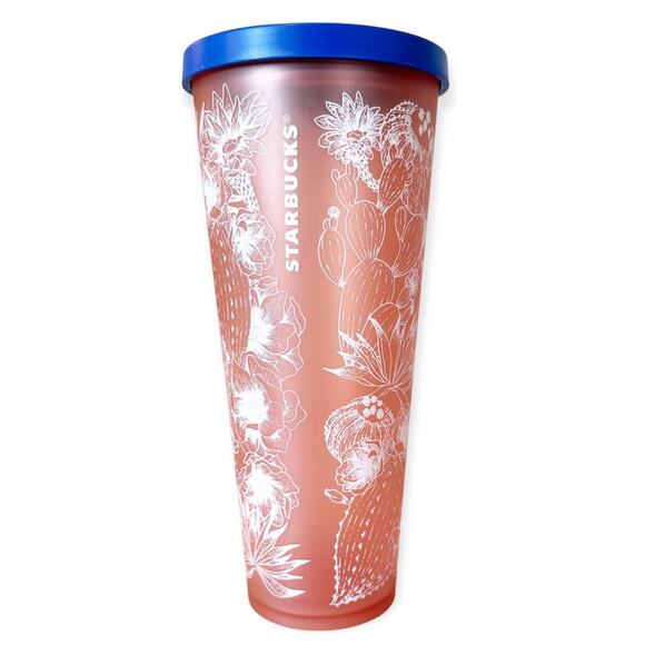 2019 Starbucks Coral Soft Touch Cactus 24 oz Tumbler Cup Blue Lid Collectible - Picture 1 of 8